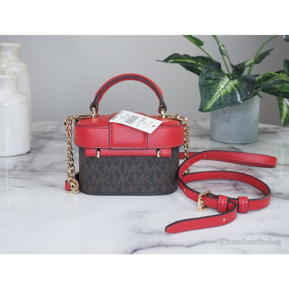 NEW MK Michael Kors Rose Mini Trunk Crossbody Brown & Red Leather Handbag NWT - Picture 3 of 8